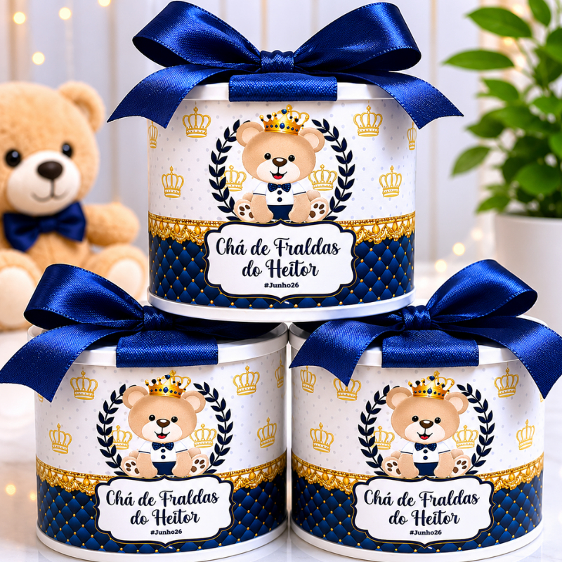 Kit Tubolatas Personalizadas Ursinho Príncipe 5x6 | Lembrancinha Luxo para Maternidade, Chá de Bebê e Aniversário