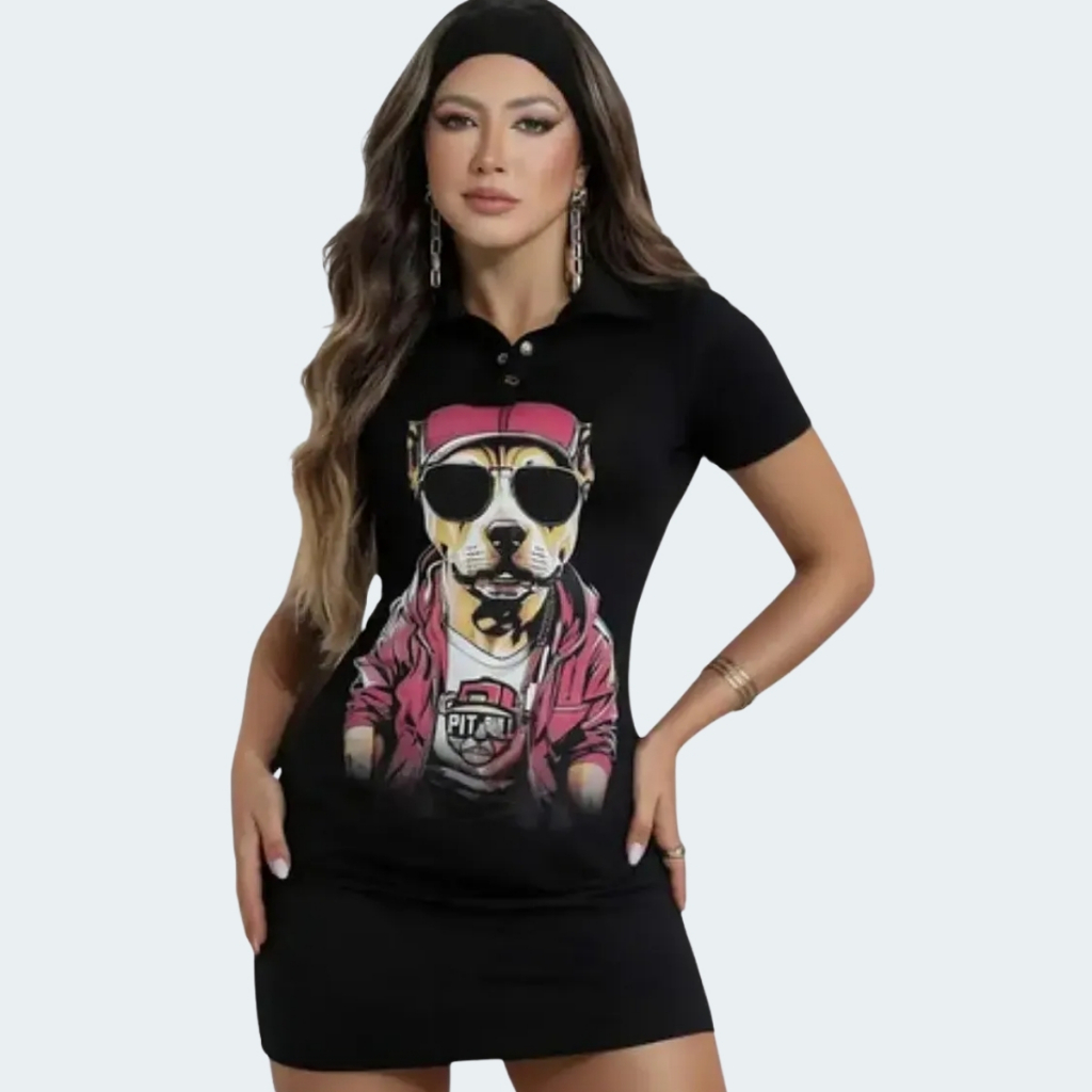 Vestido t-shirt Feminino Pit Bull Jeans Estampado estiloso malha viscose com elastano original. vestido feminino pitbull