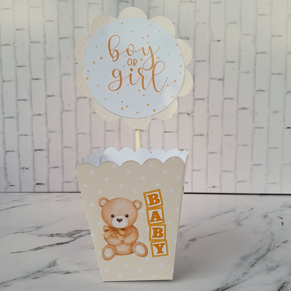 PEGUE E MONTE Enfeite de Mesa, Centro de Mesa, Cachepô, Cachepot PEQUENO Personalizado Ursinho Bege Neutro Chá Revelação