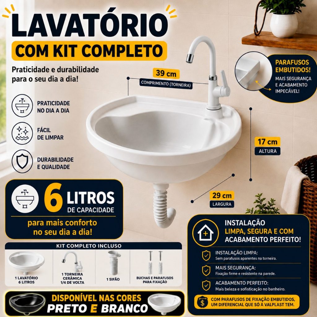 Pia Lavatório de Banheiro 6 L + Kit Instalação Completo C/Torneira, Sifão, Válvula Acoplada