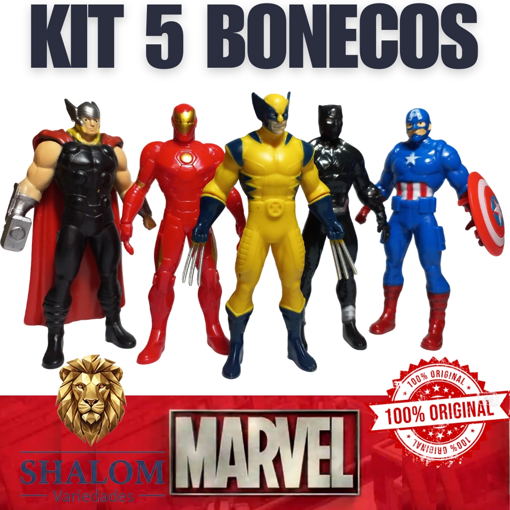 Kit 5 Bonecos Marvel Vingadores Thor Homem De Ferro Wolverine Capitão América Pantera Negra