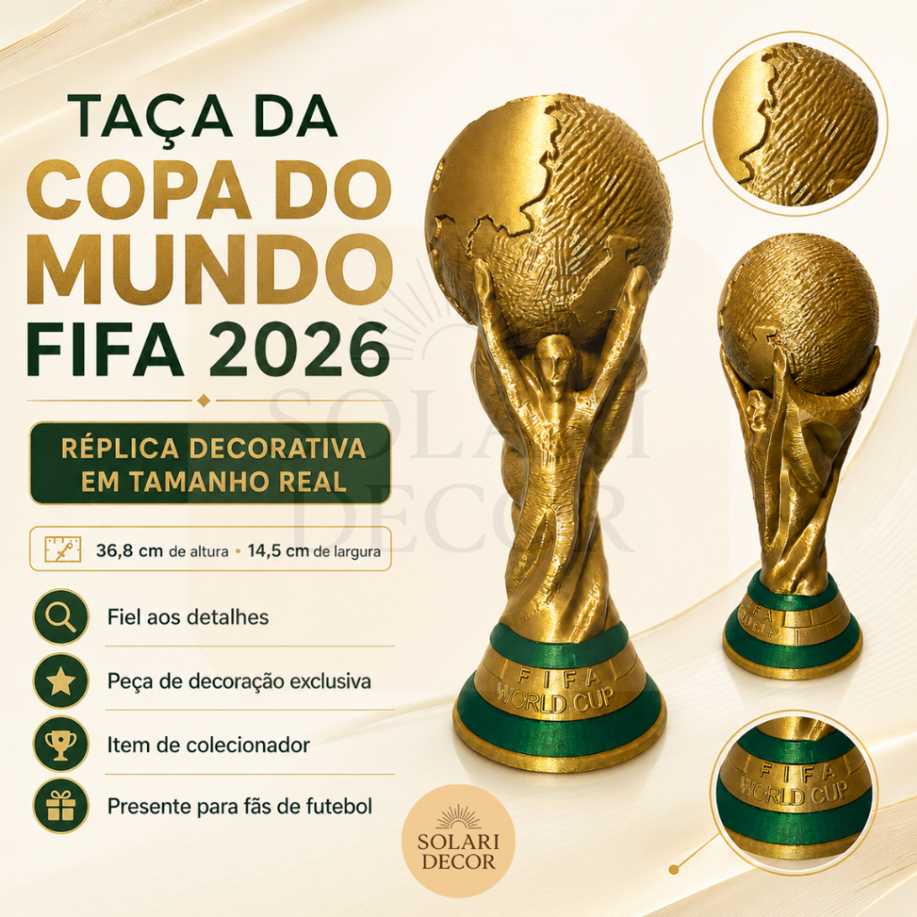 Replica Taça Copa do Mundo 2026 Decorativa Troféu Futebol Colecionador 3 Tamanhos e Personalizado