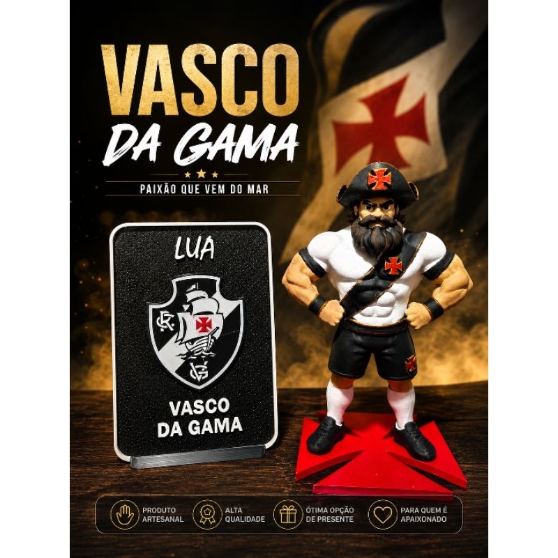 Mascote Vasco Artesanal 19cm Pintado à Mão | Opção com Placa Personalizada | Presente para Vascaíno