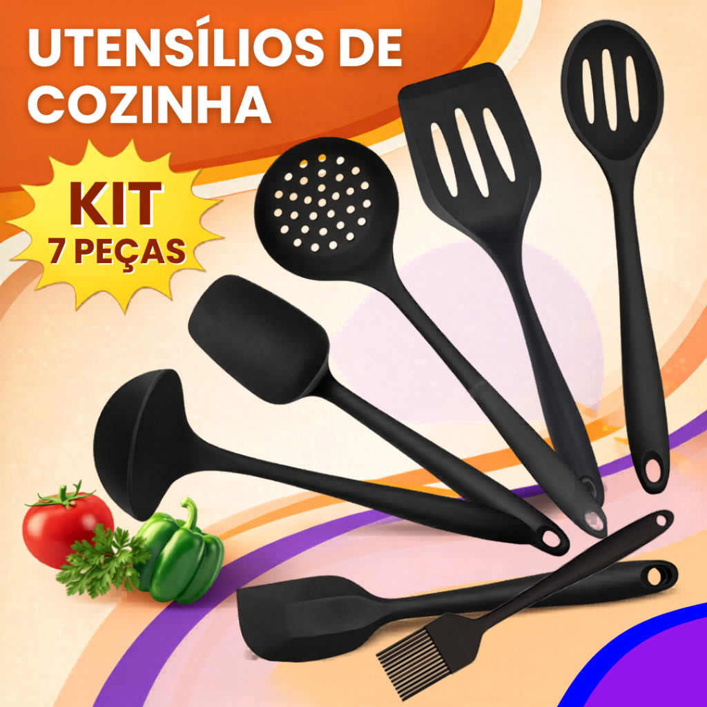 Silicone 7 Peças Colher, Espátula Vazada, Concha para Arroz, Concha, Pincel Kit Cozinha COR PRETO