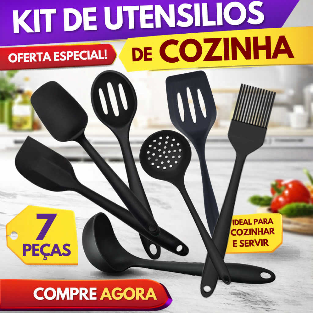 Kit 7 Utensílios Cozinha de Silicone Colher, Espátula Vazada, Concha para Arroz, Concha, Pincel