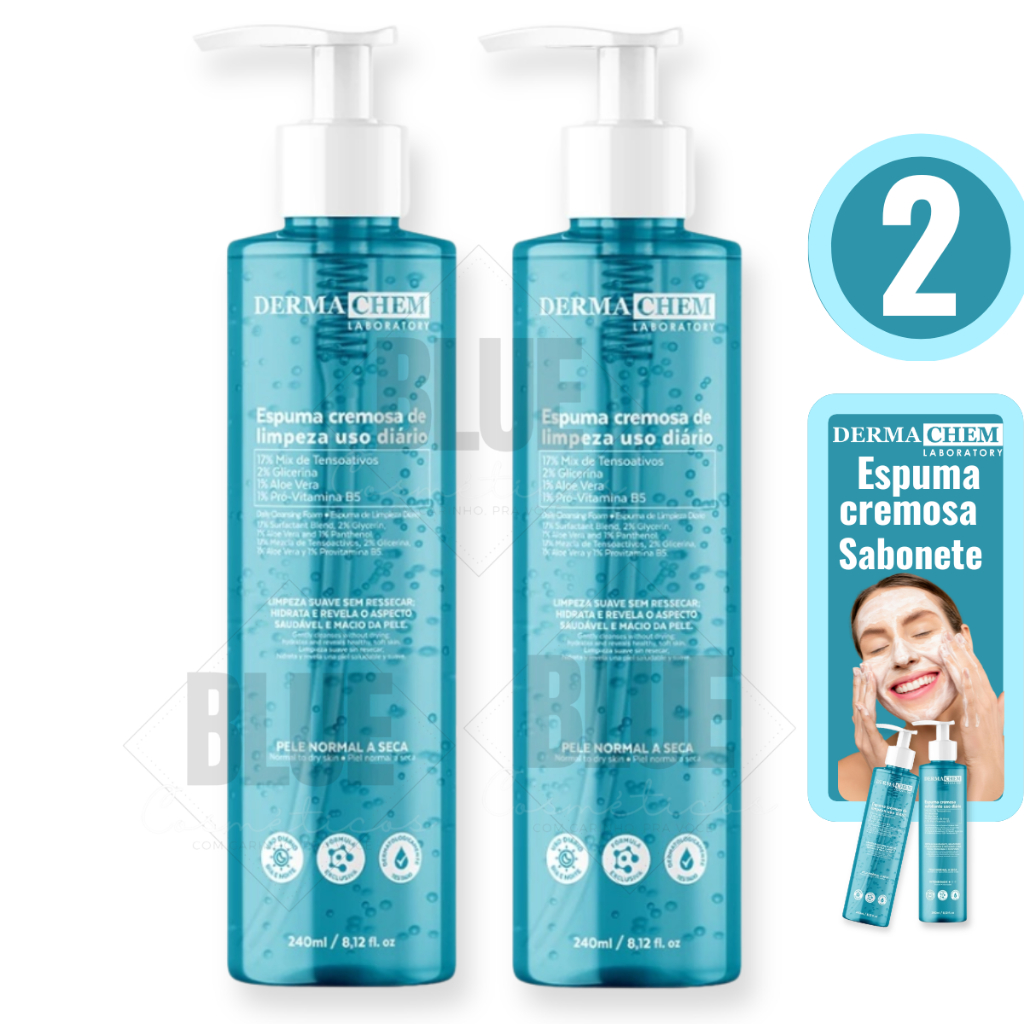 Kit 2 Espuma Cremosa de Limpeza Facial 240ml Hidratação e Maciez da Pele Com Aloe Vera Dermachem