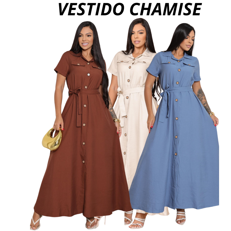 Vestido Evangelica Longo Casual Elegante Con botoes Frontais Manga Curta