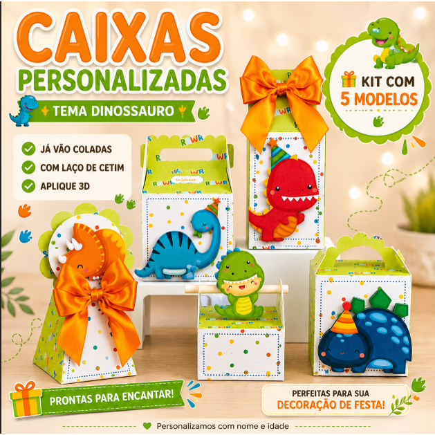 Kit Caixinhas Personalizadas Dinossauro | Lembrancinha| Todos tema| 5 modelos de caixinhas – Montado