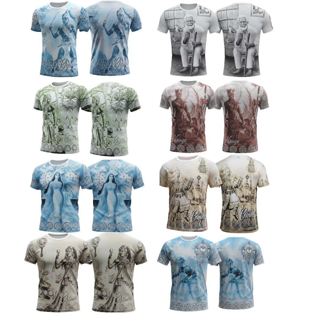 CAMISETA CAMISA ORIXÁS OXOSSI XANGÔ IEMANJÁ PRETO VELHO OGUM OXUM OXALÁ OMULU DRY FIT PROTEÇÃO UV50+