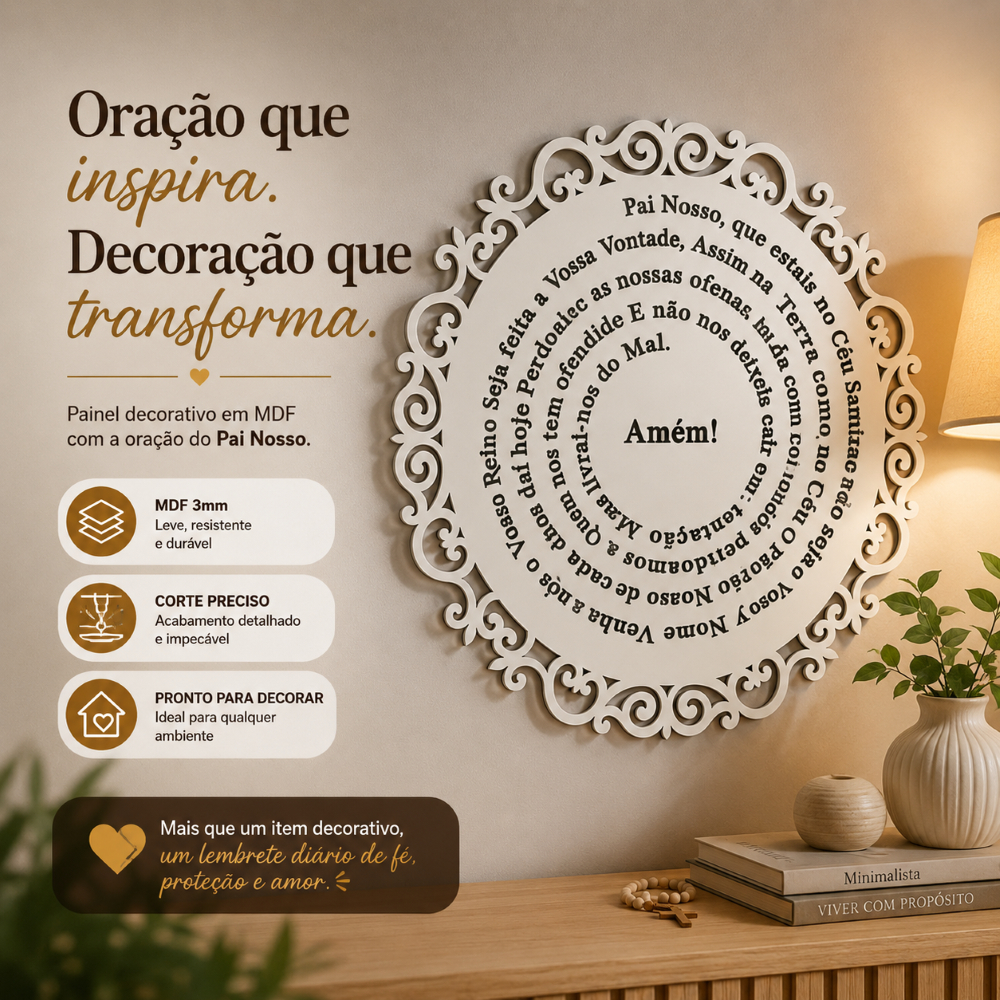 Imagem Mandala Pai Nosso MDF Branco 25cm Decorativa de Parede Religiosa Enfeite Porta Sala Quarto