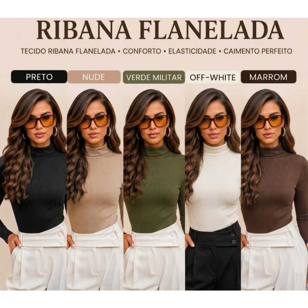 Blusa Cacharrel Feminina Canelada Manga Longa Gola Alta Segunda Pele Confortável Elegante Inverno