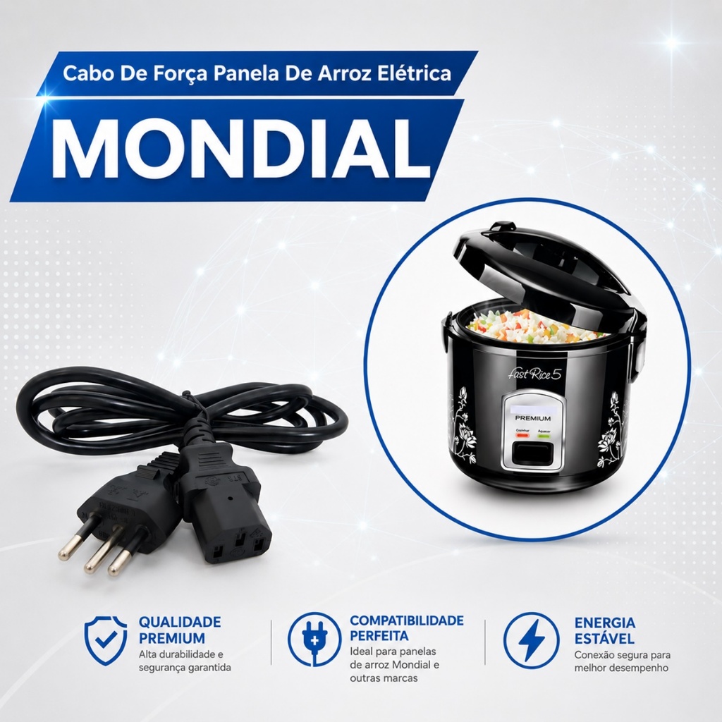 Cabo de Força para Panela de Arroz Elétrica Mondial 3 Pinos Bivolt Removível Universal Compatível