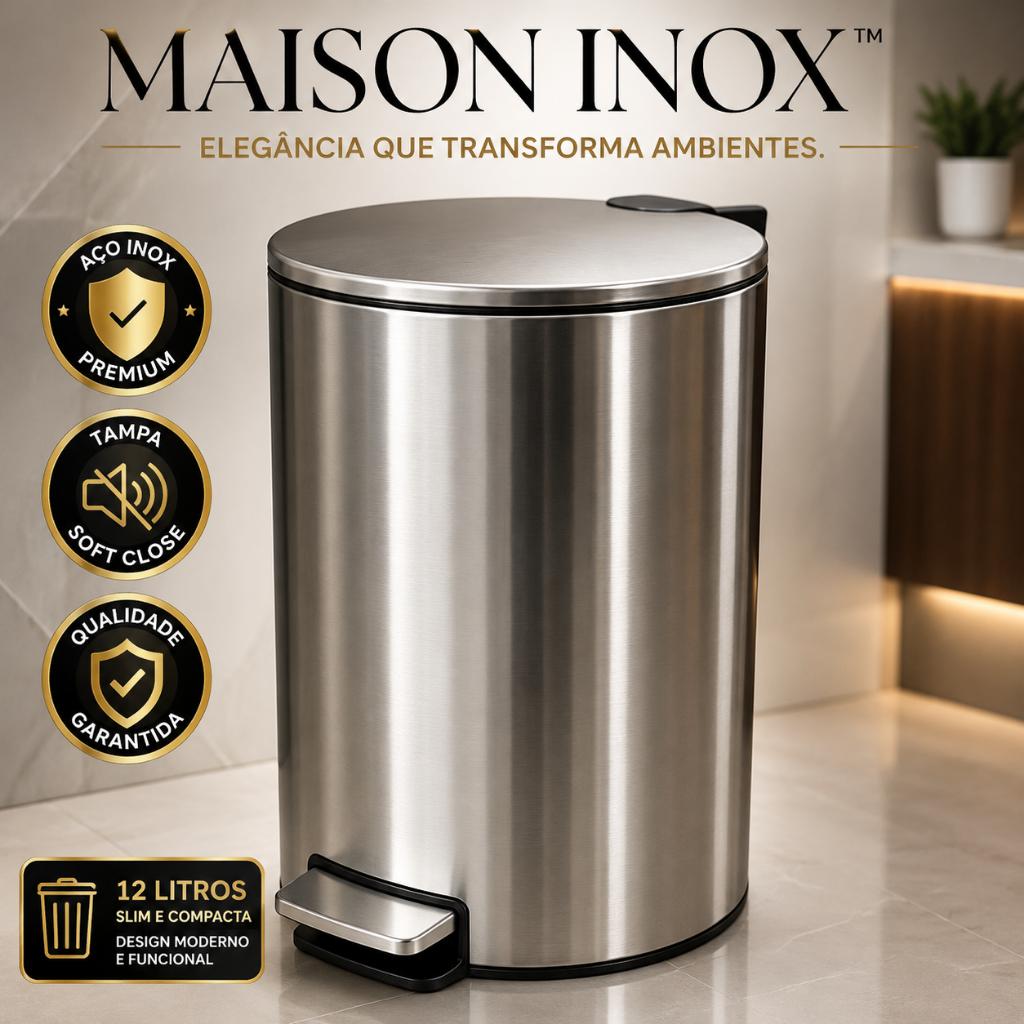 Lixeira Inox 12L Slim com Pedal e Tampa Soft Close | Compacta para Banheiro, Cozinha e Escr
