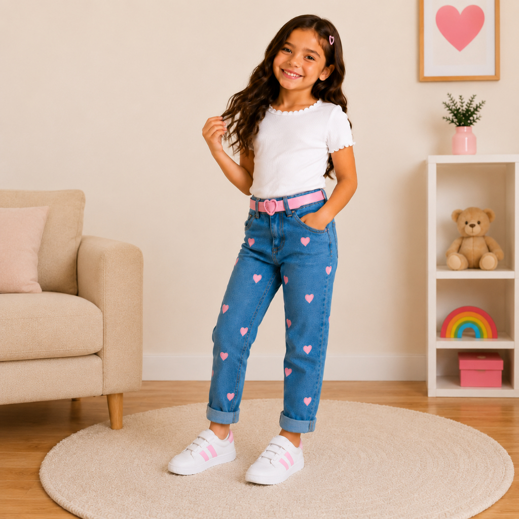 TIA DANI KIDS - CALÇA JEANS INFANTIL 6 ao 10 MENINA CORAÇÃO BORDADO