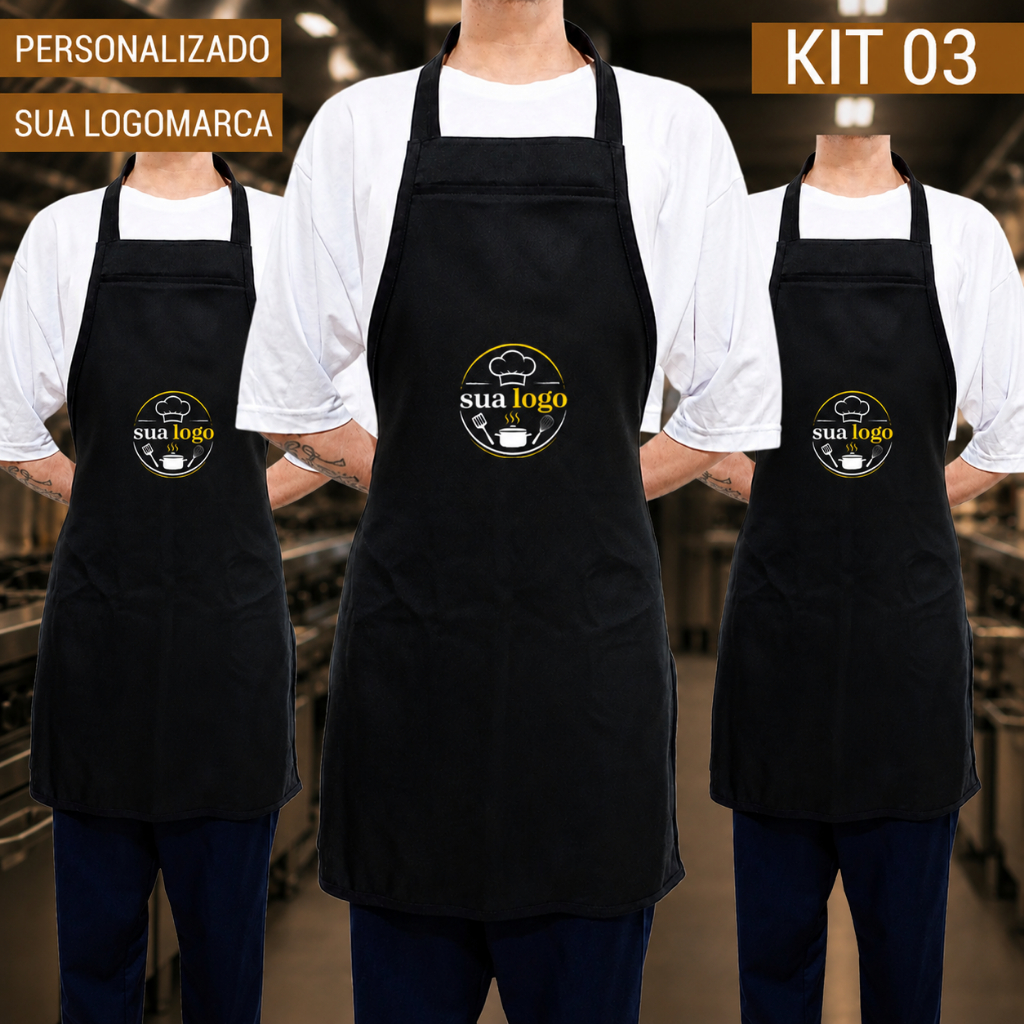 KIT 03 Avental Preto Personalizado com sua logo marca