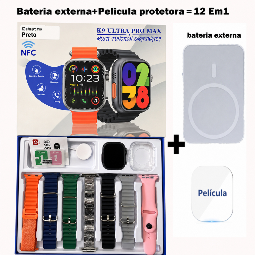 2026 Novo Smart Watch K9 Ultra Pro Max Seri 10 49mm com 7 Pulseas Esporte+Power bank