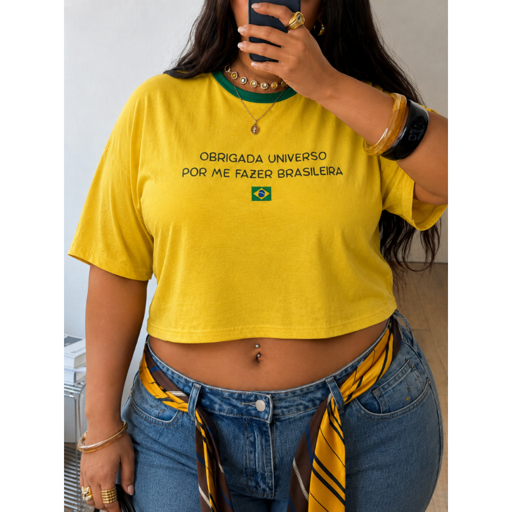 Blusa do Brasil Plus Size Cropped Camiseta Brasilcore Copa Oversized Jogo do Brasil
