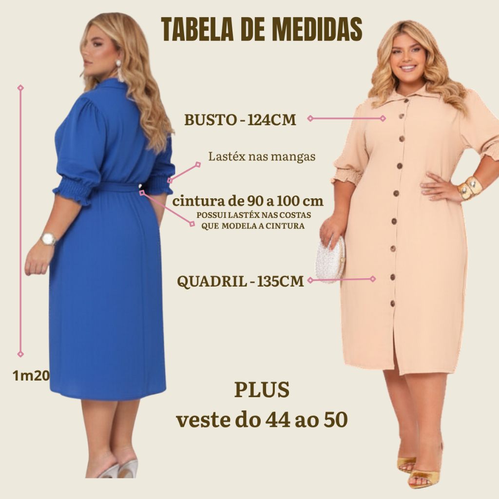 KIT 2 Vestidos Chemise Feminino Plus Size Midi Botões Frontais Manga Bufante Luxo e Elegancia