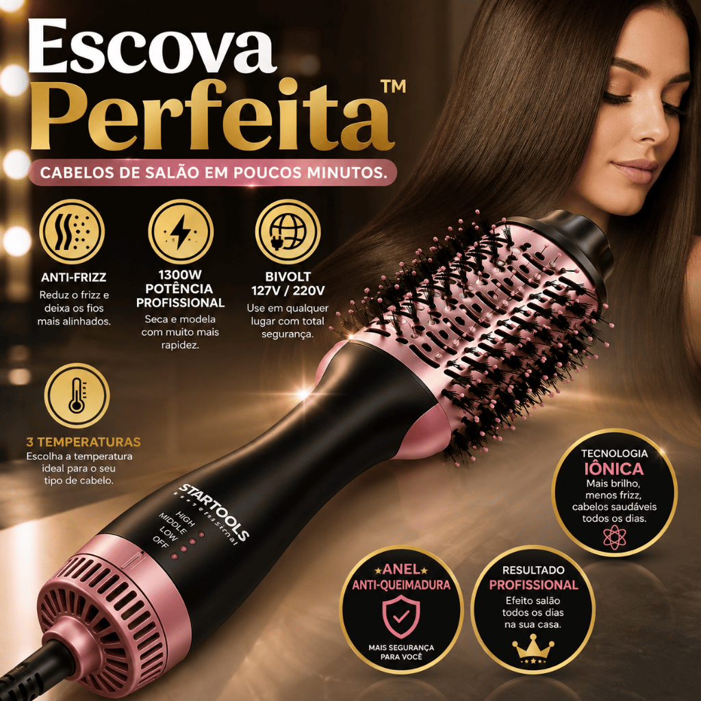 Escova Secadora Profissional Leve  Portatil  1300W Bivolt Anti Frizz  Alisa e Seca e Modela Cabelos