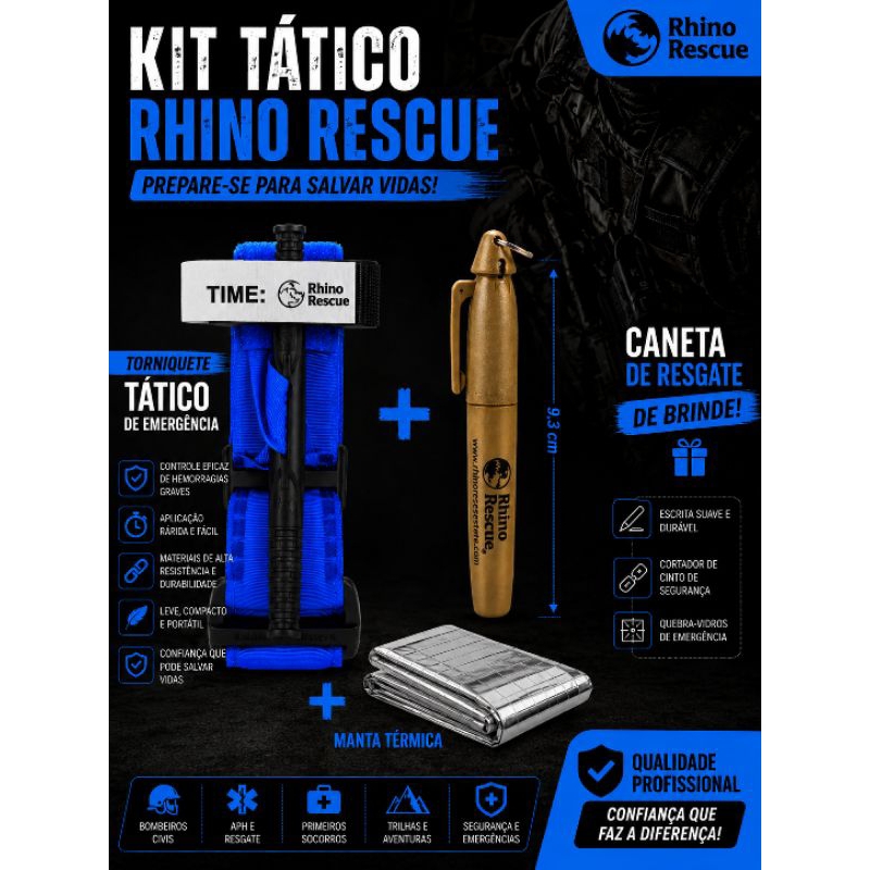 KIT DE EMERGÊNCIA TÁTICO RHINO RESCUE Torniquete Tático AZUL + Caneta de Resgate + Manta Térmica