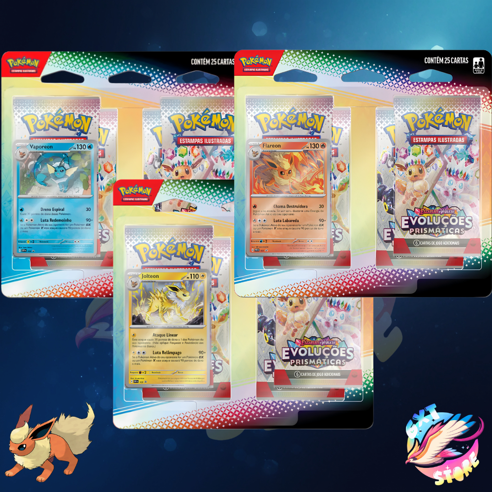 Kit Blister Quádruplo Evoluções Prismáticas Ev8.5 Pokémon Flareon Jolteon Vaporeon