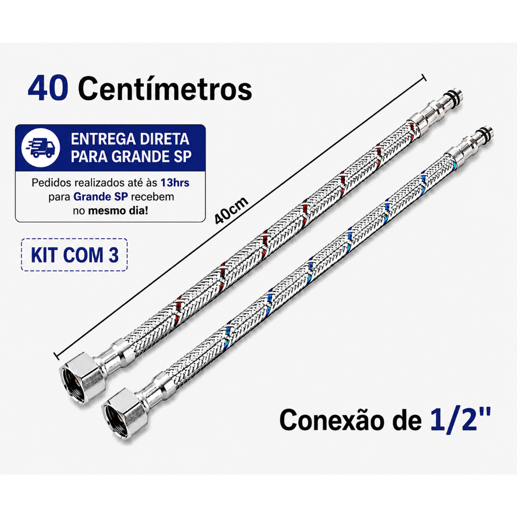 Par Engate Flexível Inox 40cm para Misturador Monocomando 1/2" Reforçado Alta Durabilidade Premium | Kit com 3 Pares