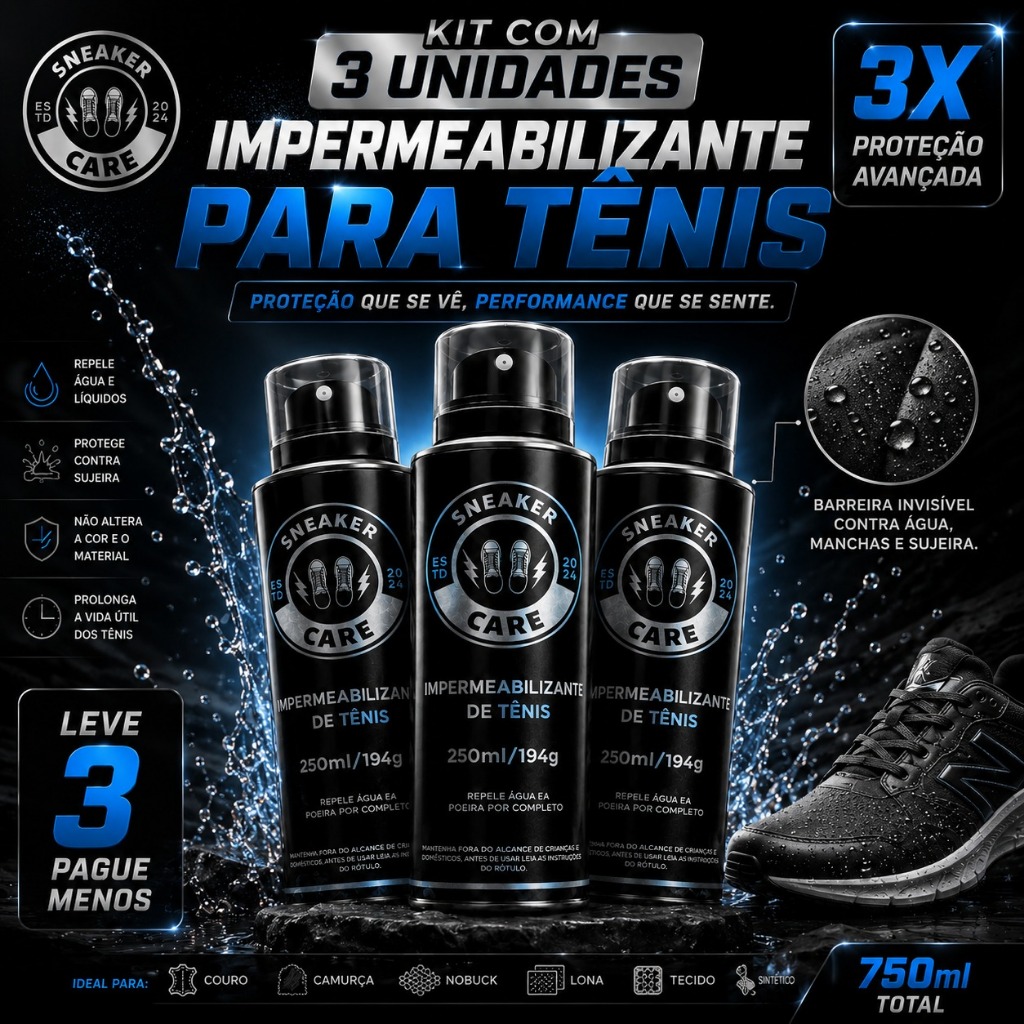 Impermeabilizante para Tênis Sneaker Care 3 Unidades Máxima Proteção Contra Água e Sujeira Tênis Branco