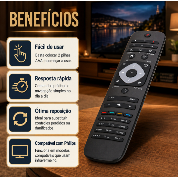 Controle Remoto Compatível Philips Smart TV LCD LED HD IR Plug Play 48 Botões Preto
