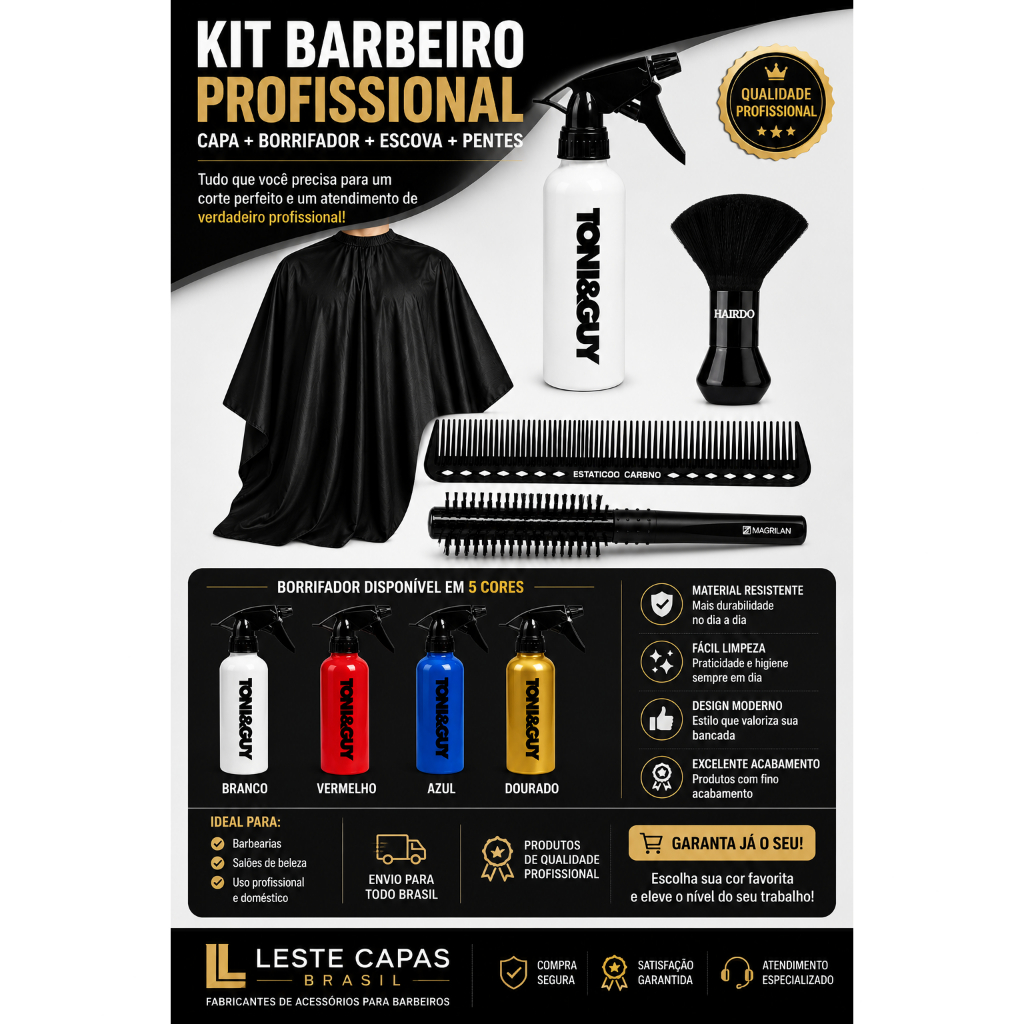 Kit Barbeiro Completo Profissional – Capa Corte + Borrifador + Escova + Pente | Acessórios Barbearia