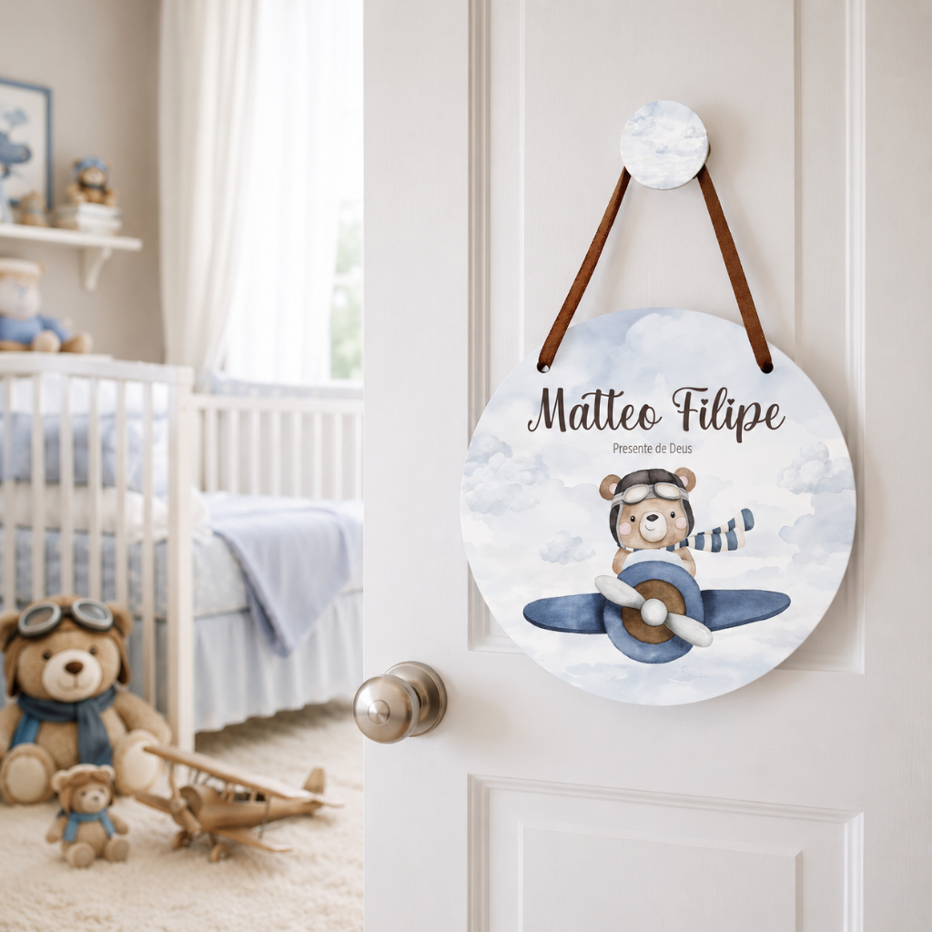 Enfeite de Porta Maternidade Personalizado com nome Ursinho aviador, urso baloeiro, urso balão decoração quarto de bebê.