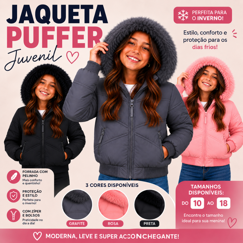 Jaqueta Puffer Infantil Juvenil Menina Teens Criança Pelinho Touca Forrada Impermeavel Inverno Frio Neve