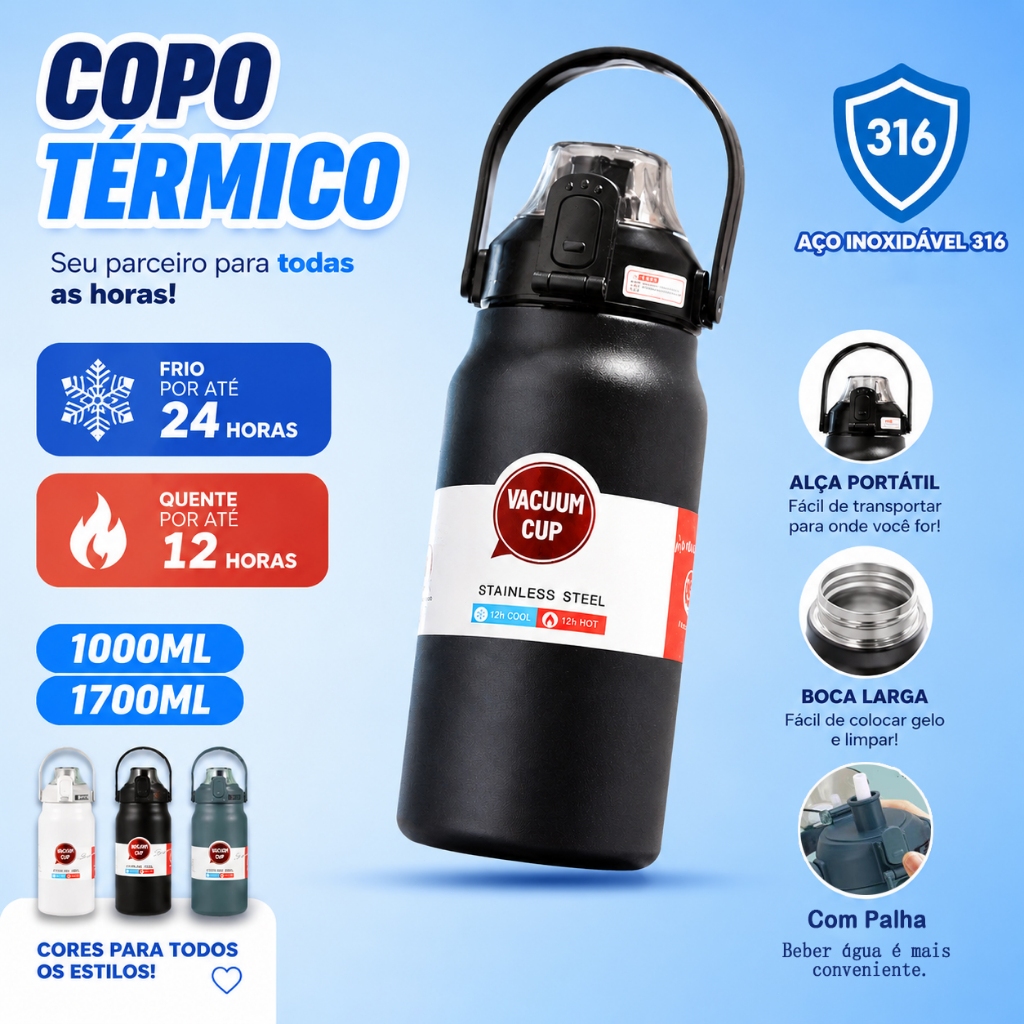 1700ml Garrafa Térmica Inox 316 com Alça Portátil Copo Térmico a Vácuo Conserva Quente e Frio por Longas Horas