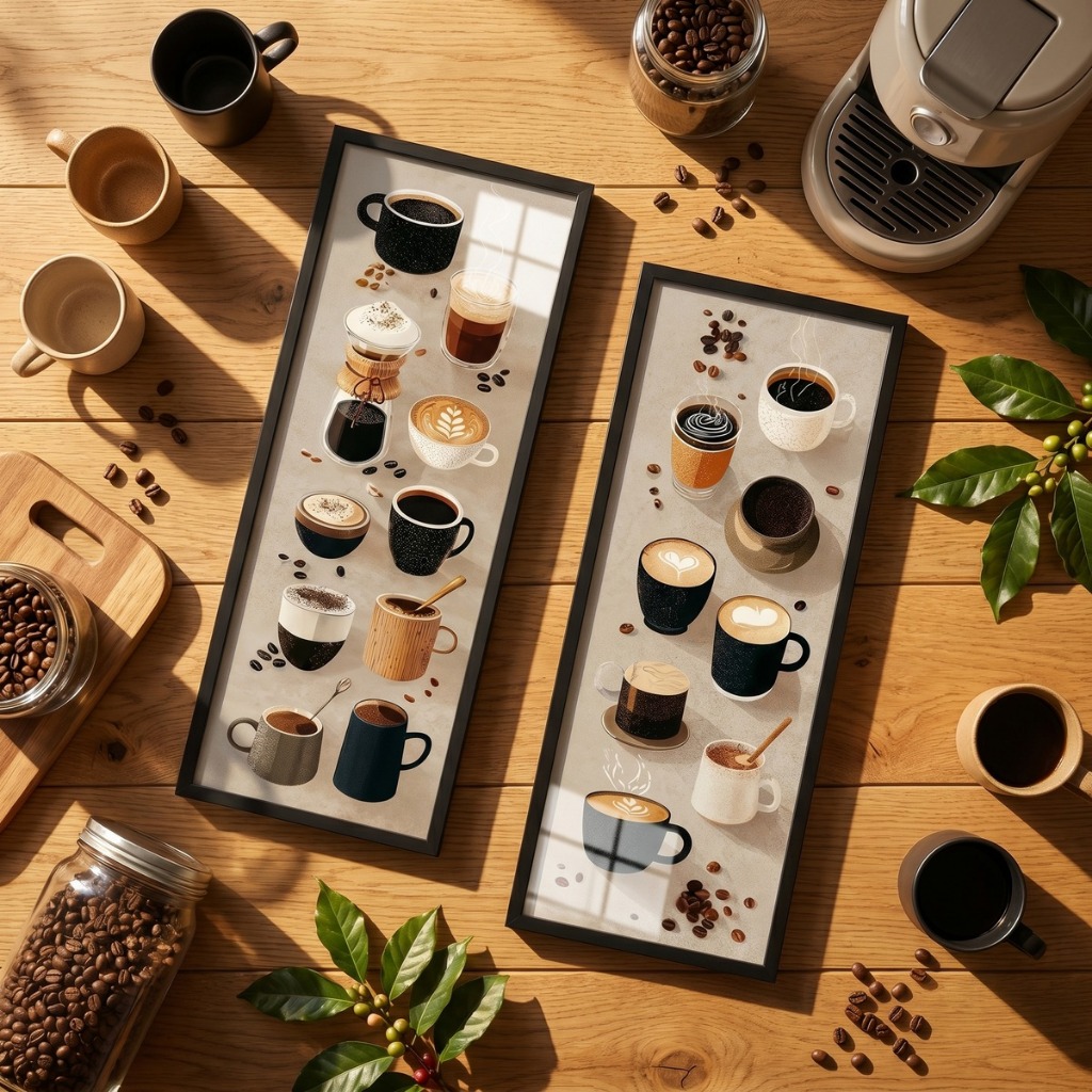 Quadros Decorativos Cozinha Kit 2 Café Xícaras 18x45 Gourmet Home Office Moldura Vidro Escritório