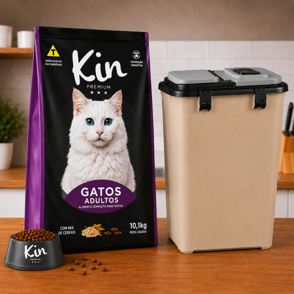 DISPENSER PORTA RAÇÃO 35L - Ração Kin Gatos Adultos 10,1kg - Alimento para gato