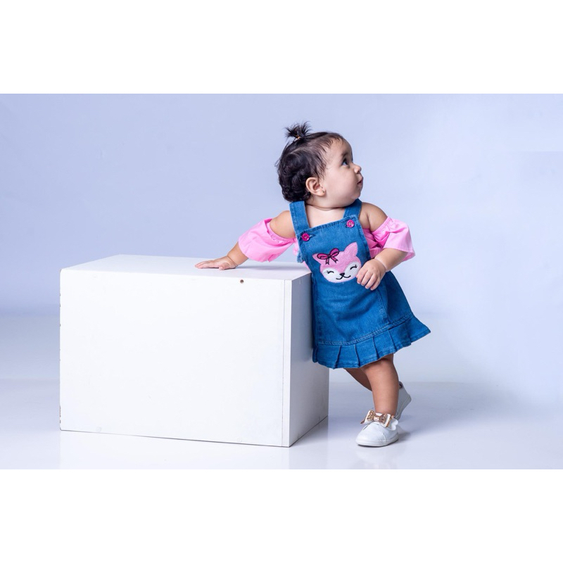 conjunto infantil vestido jardineira salopete jeans+blusinha ciganinha feminino kit moderno menina