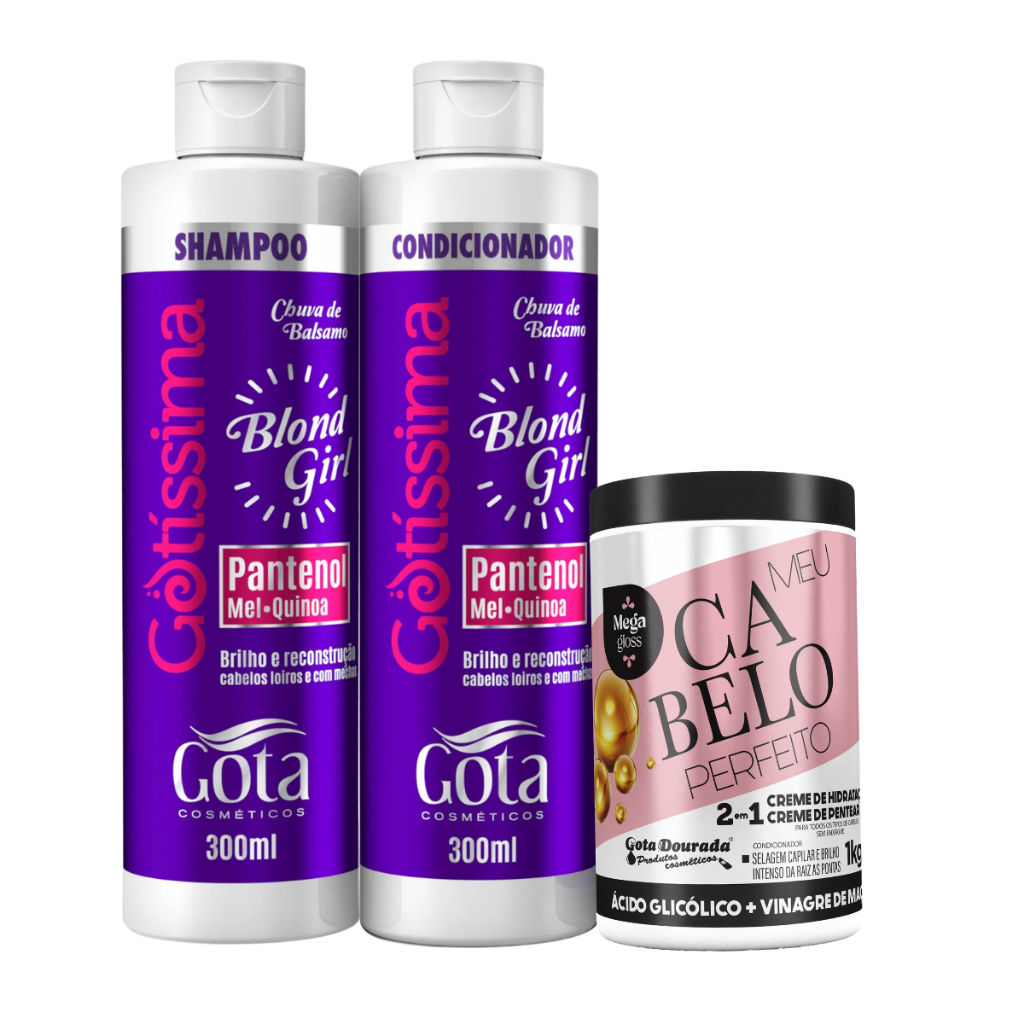 Kit Gota Dourada Blond Girl Shampoo e Condicionador 300ml e Creme 2 em 1 Cabelo Perfeito Vinagre de Maçã 1Kg