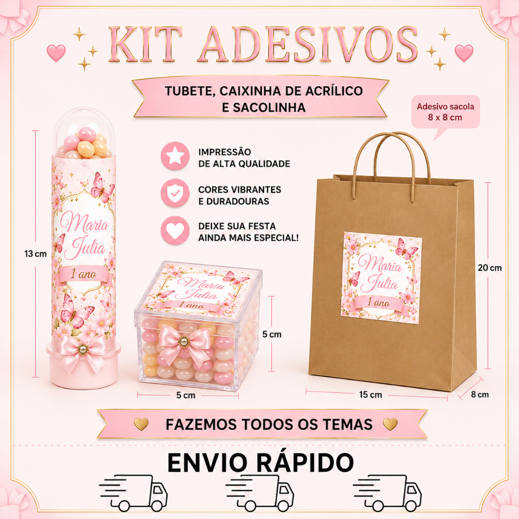 Kit de Adesivos Personalizados pata Tubetes, Caixa Acrilica e Sacolinha – Lembrancinha Jardim de Borboletas – Produzimos