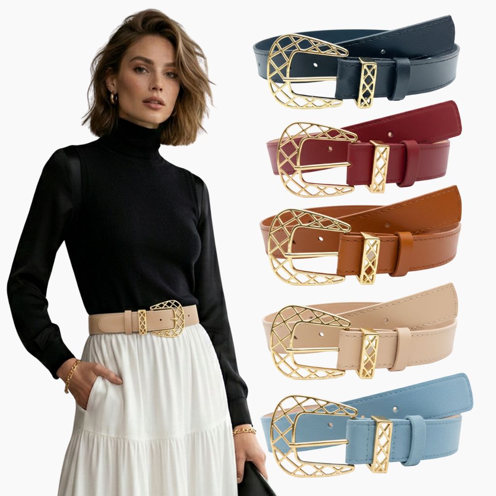 Cinto Feminino Plus Size Fivela e Passador Dourada/Prata Moda Estilo Blogueira Casual Moderna 3cm - Agnes