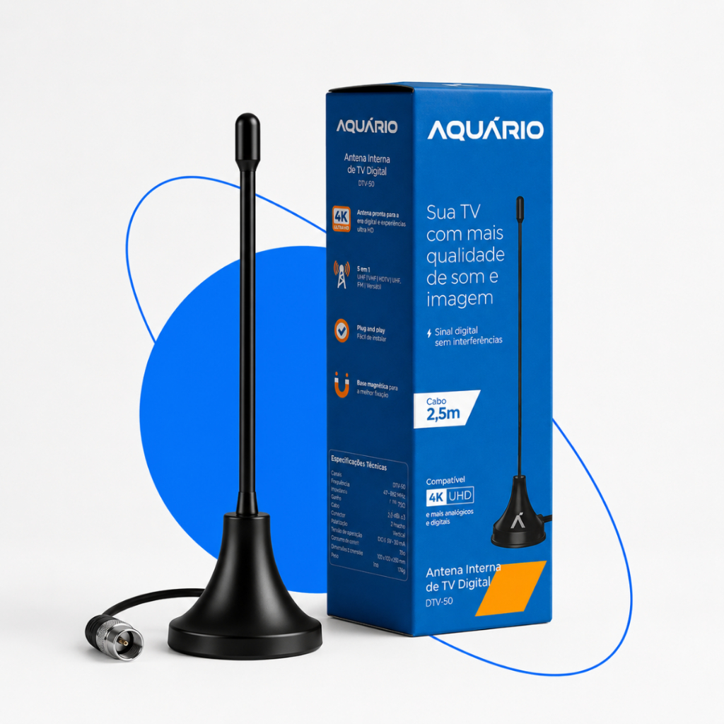 Antena Interna Aquário DTV-50 Para TV Digital 4K Compacta HDTV Full HD UHF VHF