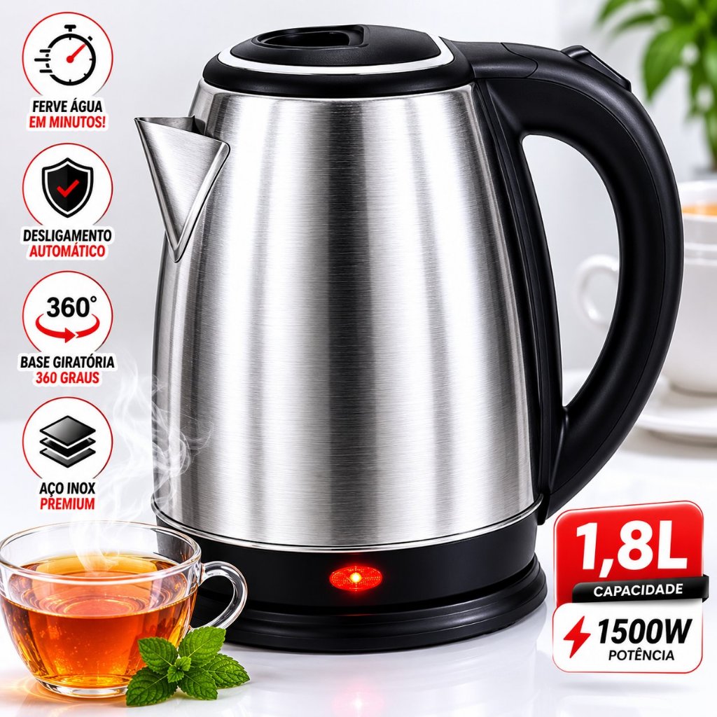 Chaleira Elétrica Automática Inox Premium 1,8 Litros 110v 220v Base 360° Luz Indicadora Ferve Rápido
