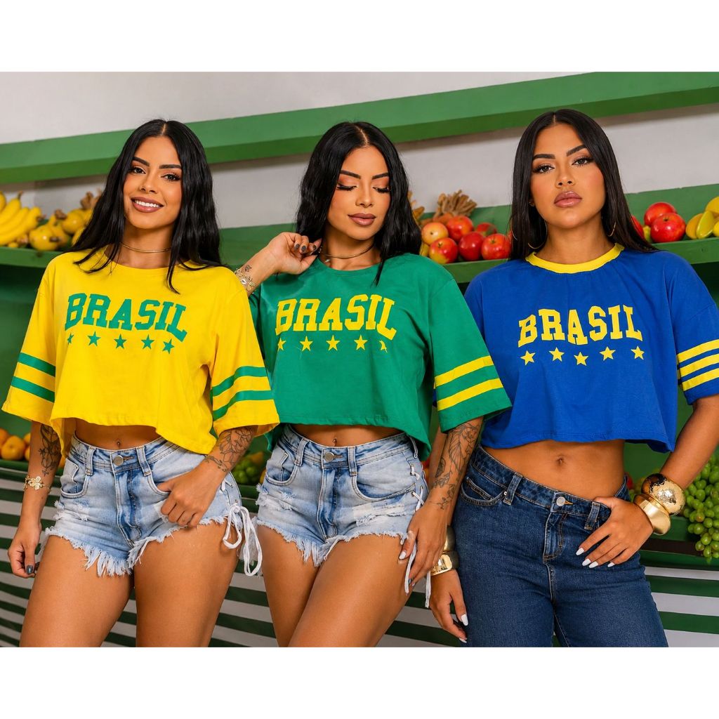 Camisa Cropped T-Shirt Brasil Blusinha Tendencia Feminina Copa do Mundo Seleção Feminina Brasileira