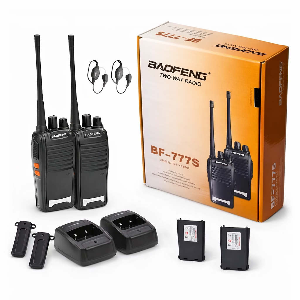 Kit 2 Radio Walk Talk Comunicador Baofeng 777s 16 Canais  Alcance 12 Km Profissional Recarregável Rádio Segurança Preto