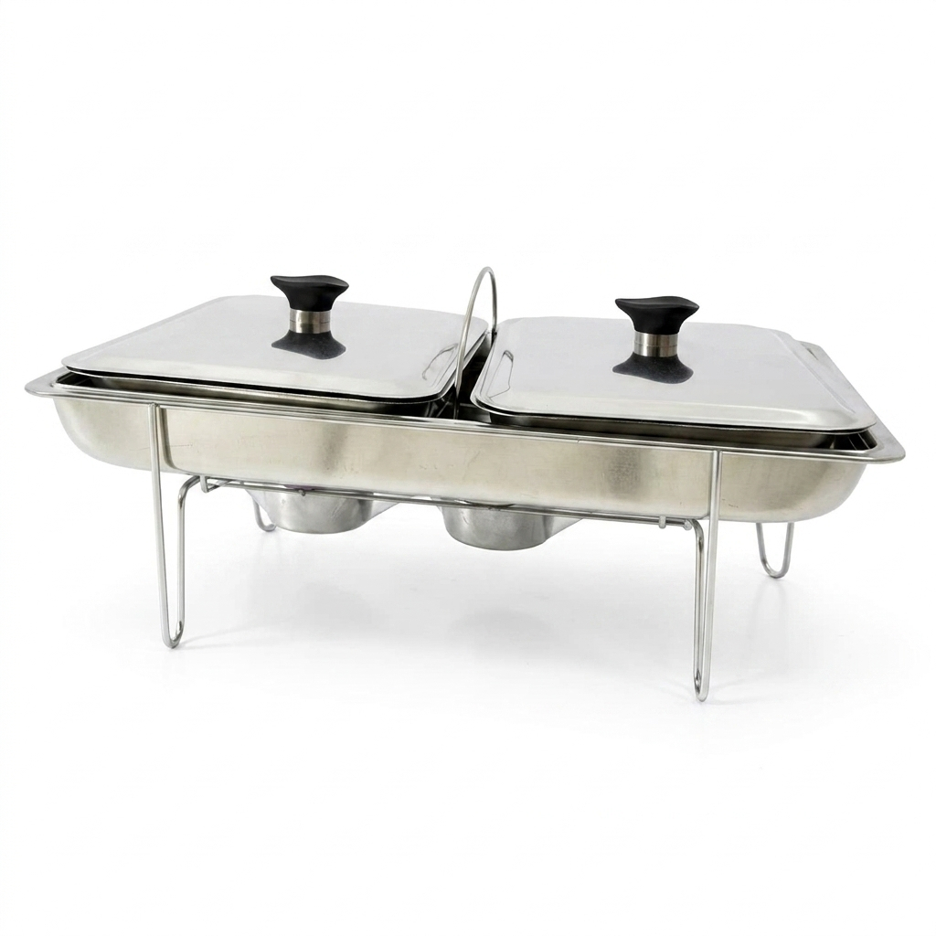 Rechaud Duplo Banho Maria Inox Com Fogareiro E Suporte Cromado 2 Cubas 1,2L Buffet Festa Restaurante