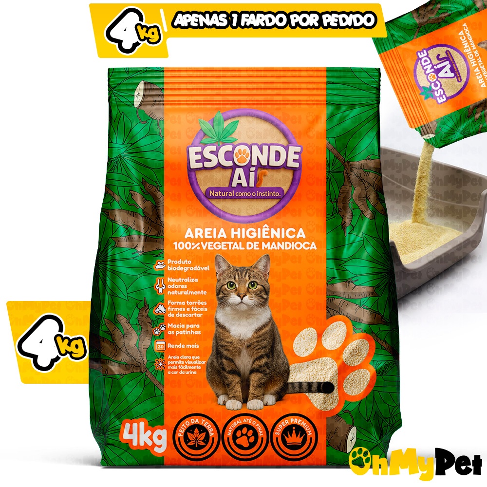Areia de Mandioca Esconde Aí 4KG Grãos Finos Granulado Sanitário Biodegradável Com Alta Absorção e Forma Torrões Firmes