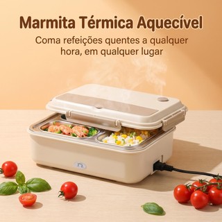 Marmita Térmica Elétrica Portátil 12V/24V 1,2L Bivolt 110/220 para Carro e Caminhão + Talheres (Garfo e Colher)  (F022)