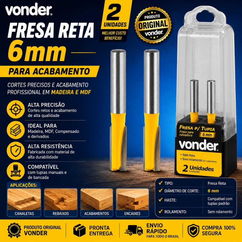 Kit 2 Fresa Reta Haste 6 mm Dupla para Madeira Tupia Vonder