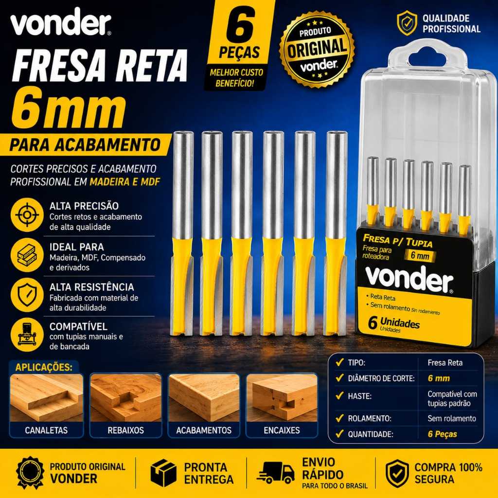 Kit 6 Fresa Reta Haste 6 mm Dupla para Madeira Tupia Vonder