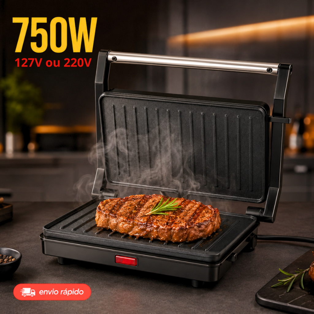 Grill e Sanduicheira Elétrico Prensa Dupla 2 em 1 Antiaderente 750W 110V ou 220V Led Indicador