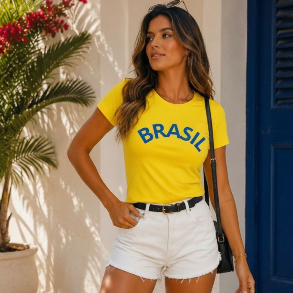 Blusa Feminina Manga Curta  Tshirt Brasil Copa do Mundo 2026 Camiseta Baby Look