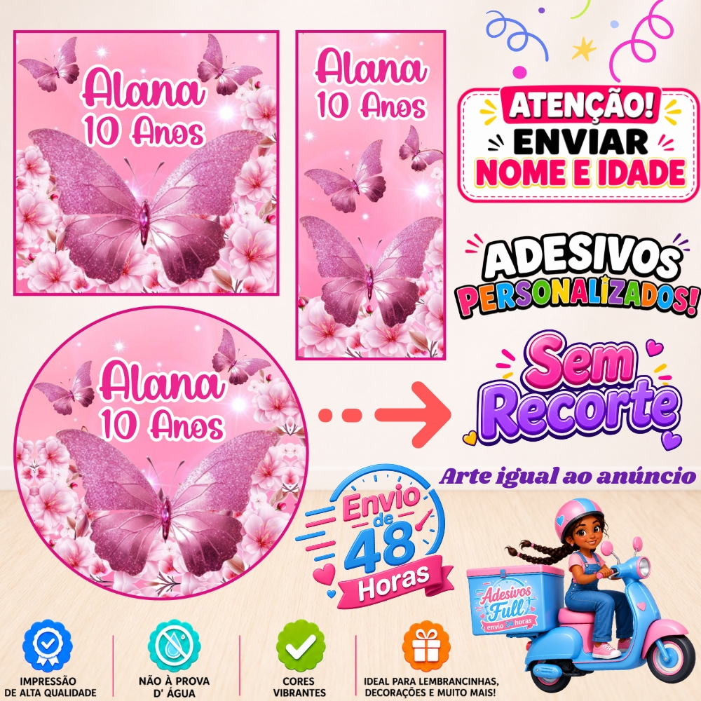 Borboleta Rosa - 100/60/40 Adesivos Personalizados Lembrancinhas Festa Aniversário